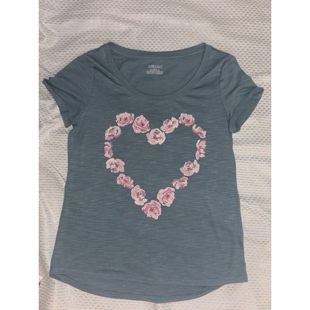 Jasmine & Ginger Girls M Blue Short Sleeve Scoop Neck Heart Floral Graphic Tee